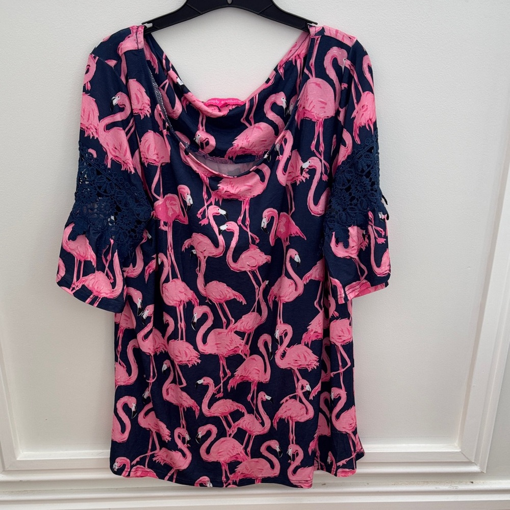 Simply Southern Flamingo Print Top in Pink and Navy